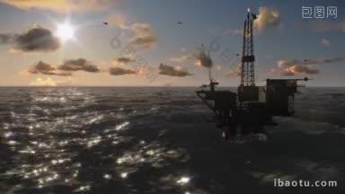 海洋里的石油钻塔日落时的时间流逝云